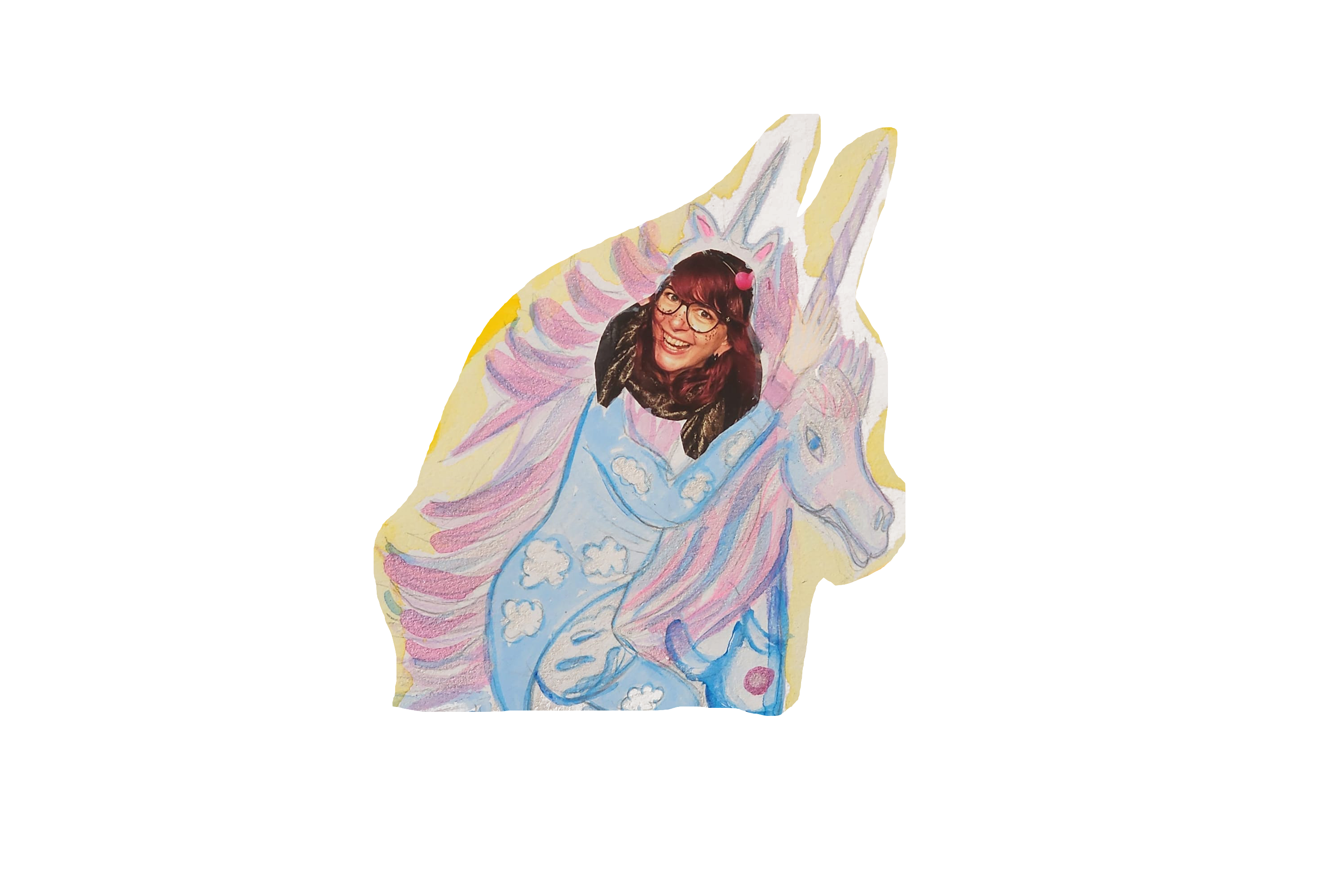 Bliss was hosting the Fireside Chat with Della and interview by Steven Leavitt. When Steven asked what people would like to be if they were a mythical animal Bliss said Pegasus Unicorn. Della had a dream of this that night and next day collaged it. Many people at the Fireside joined the Ship and Dream friends.. 